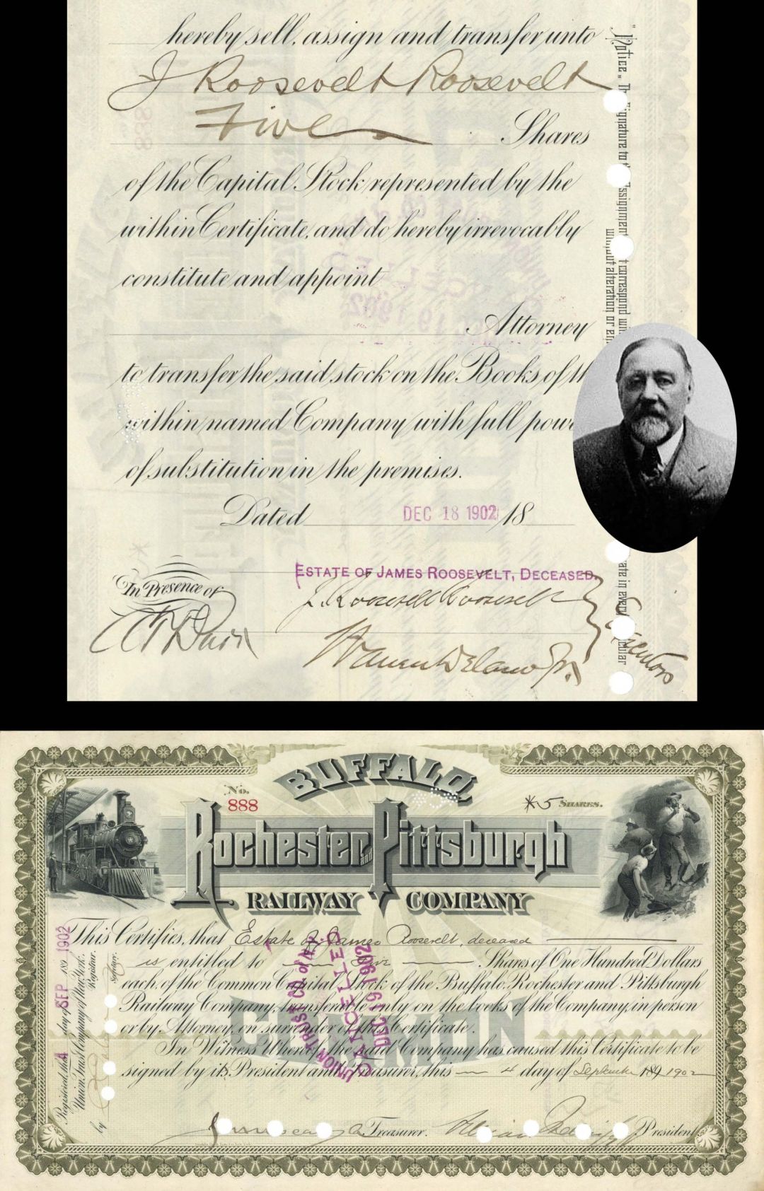 Buffalo, Rochester and Pittsburgh Railway Co. signed by James Roosevelt - 1902 dated Autographed Stock Certificate