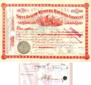 Saint Joseph and Western Railroad Co. signed by Russell Sage and J.J. Slocum - Stock Certificate