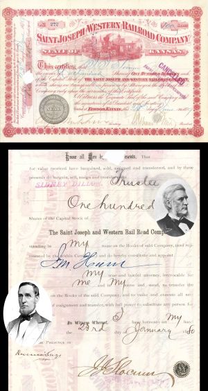 Saint Joseph and Western Railroad Co. signed by Russell Sage and J.J. Slocum - 1879 dated Autographed Stock Certificate
