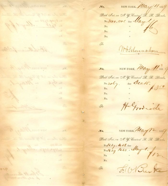 N.Y. Central R.R. Bond stubs signed by William Schermerhorn
