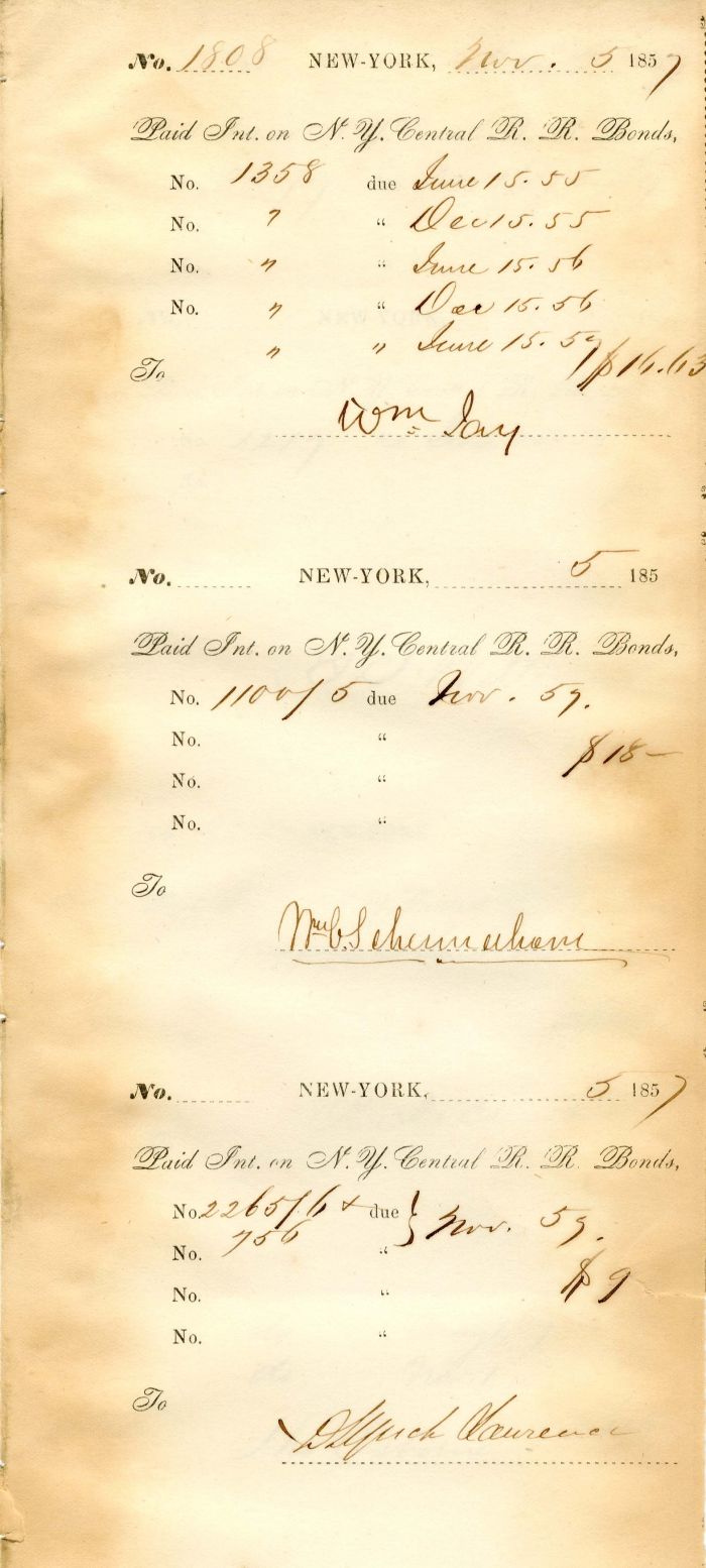 N.Y. Central R.R. Bond stubs signed by William Schermerhorn and William Jay