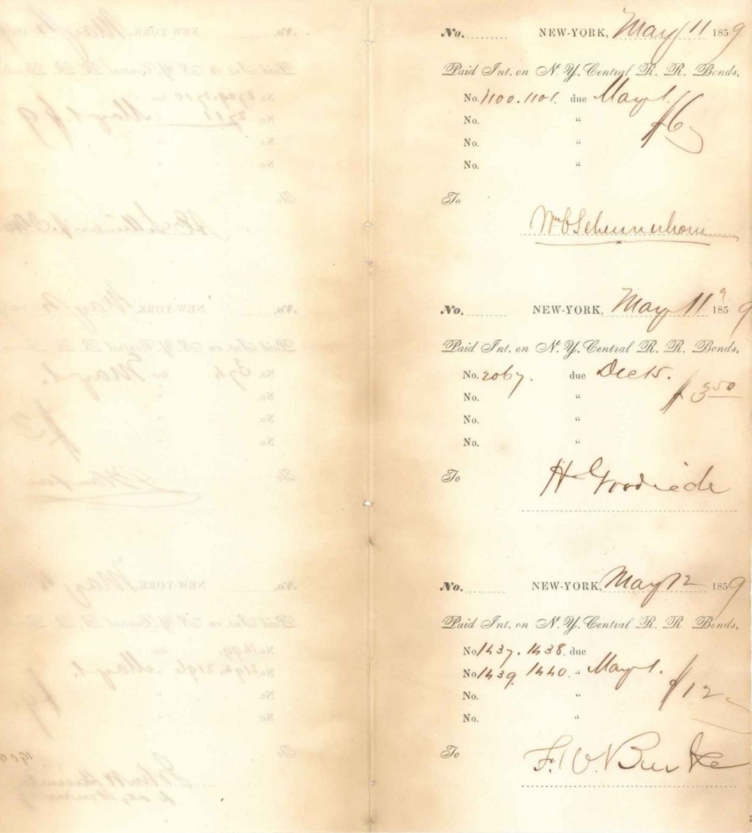N.Y. Central R.R. Bond stubs signed by William Schermerhorn - 1859 dated Autographed Railroad Bond Stub
