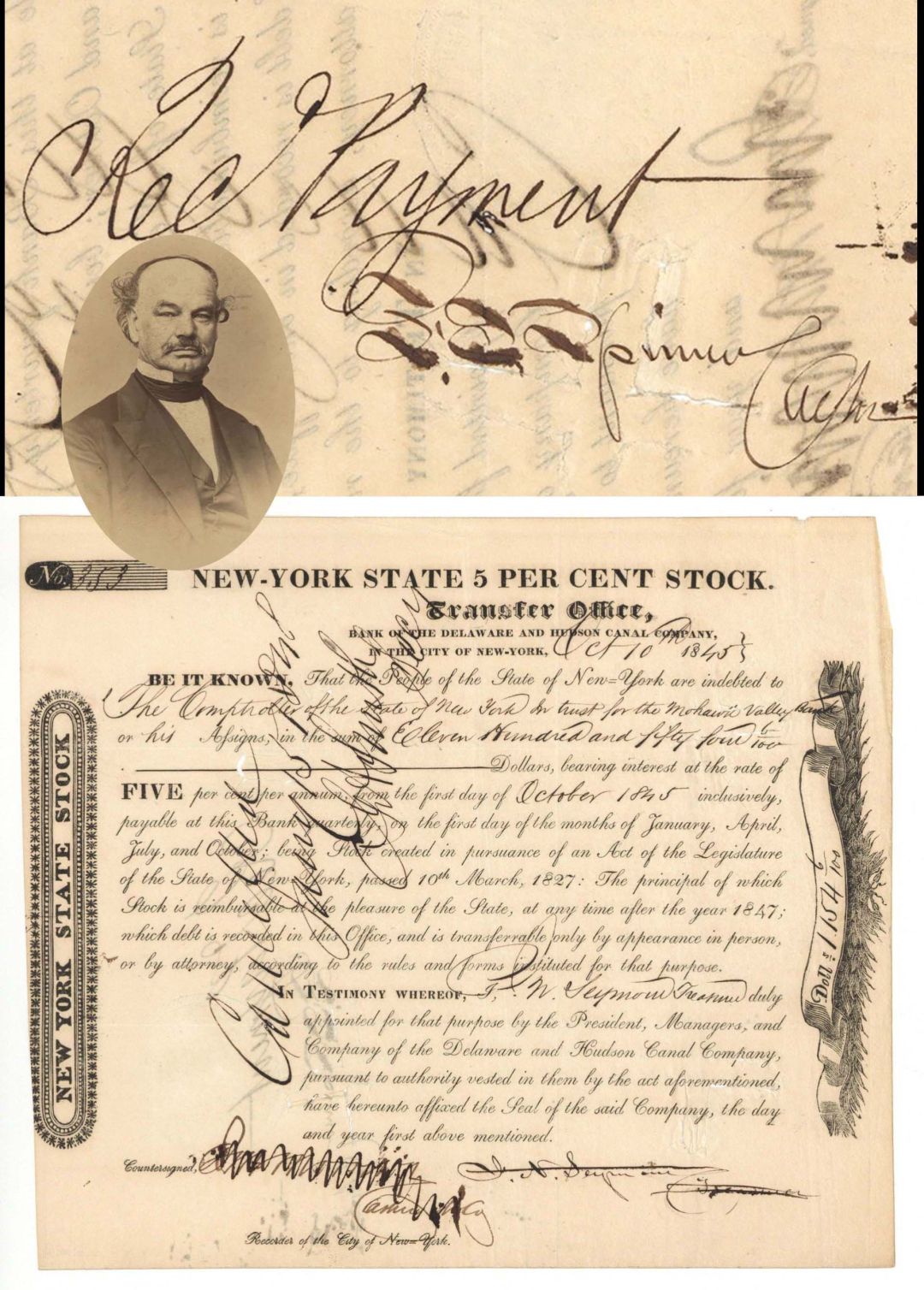 Bank of the Delaware and Hudson Canal Co. signed by Francis Spinner - 1845 dated Autographed Stock Certificate