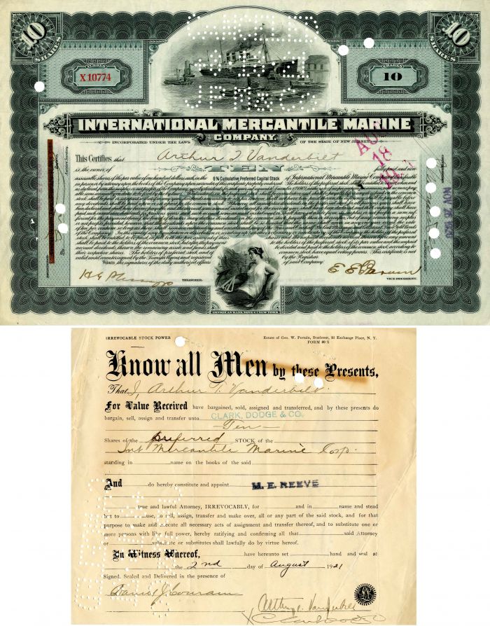 International Mercantile Marine Co. signed by Arthur T. Vanderbilt - Co. that Made the Titanic - Stock Certificate
