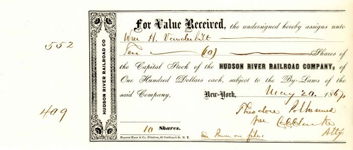 Hudson River Railroad Co. issued to Wm H. Vanderbilt - Stock Certificate