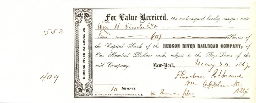 Hudson River Railroad Co. issued to Wm H. Vanderbilt - 1867 dated Stock Certificate