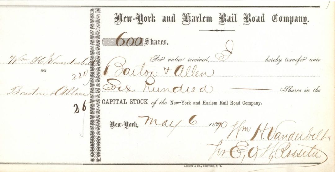 New-York and Harlem Rail Road Co. signed by E.V.W. Rossiter for William H. Vanderbilt - 1870 dated Autograph Railway Transfer Receipt
