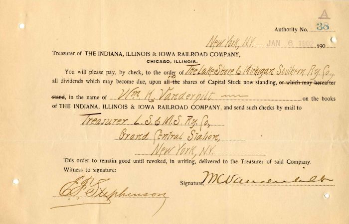Indiana, Illinois, and Iowa Railroad Co. signed by Wm. K. Vanderbilt