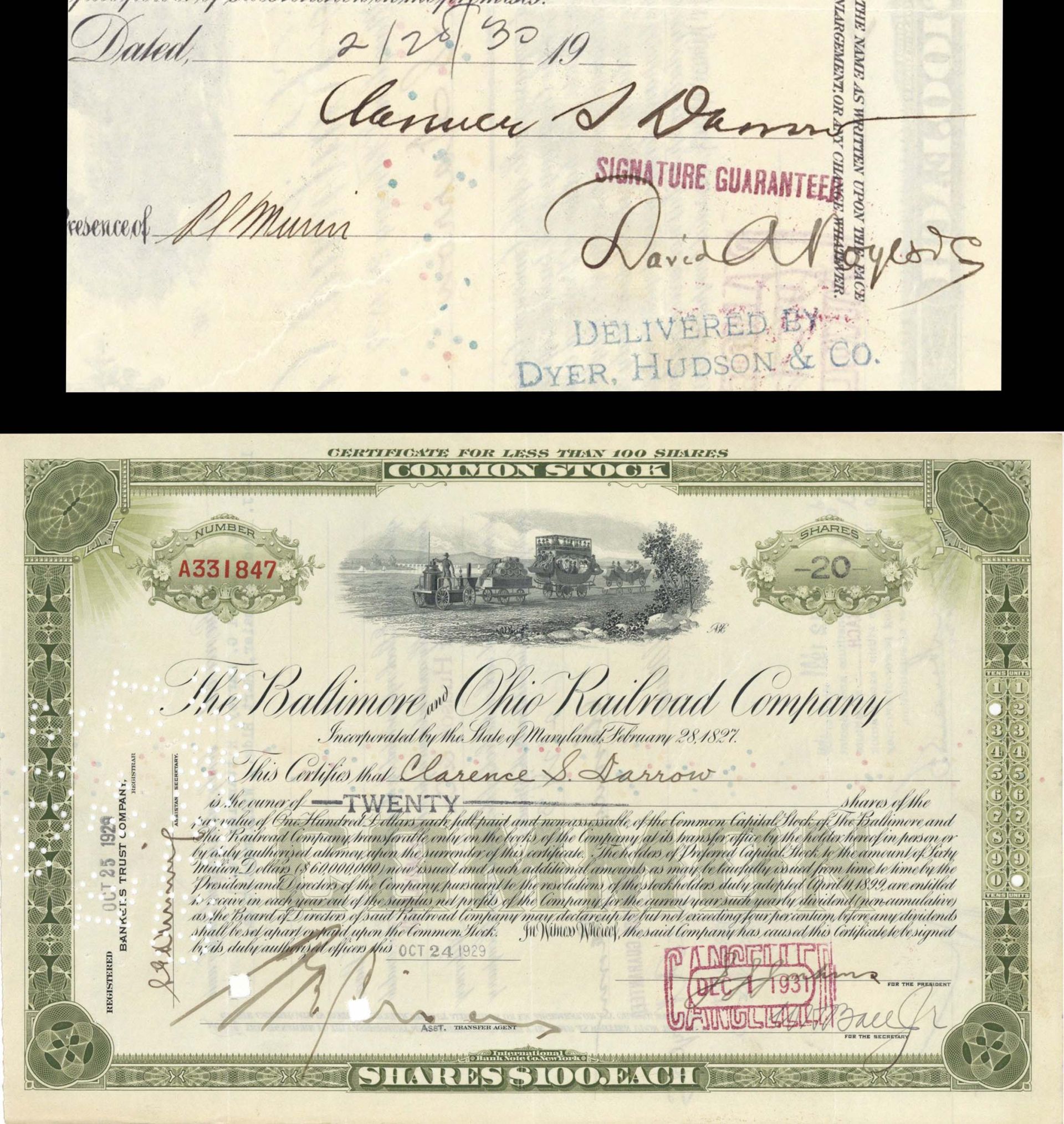 Baltimore and Ohio Railroad Co. issue to and signed by Clarence S. Darrow - Stock Certificate