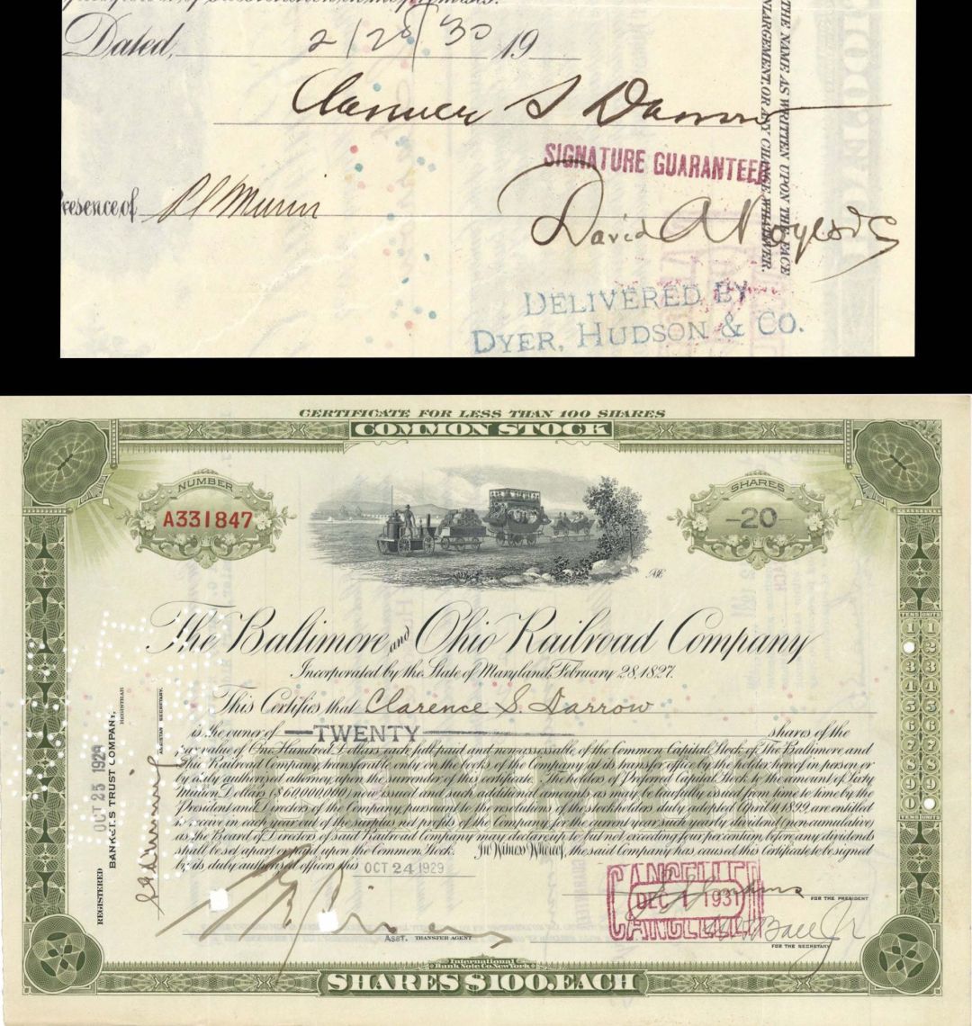 Baltimore and Ohio Railroad Co. issue to and signed by Clarence S. Darrow - 1929 dated Autographed Stock Certificate