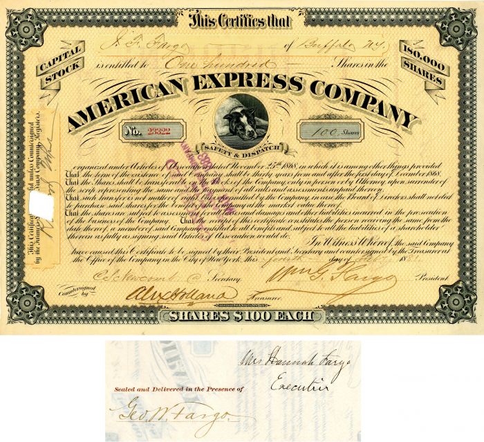 American Express Co. signed by William G. Fargo, Hanna Fargo and Geo. W. Fargo - Stock Certificate