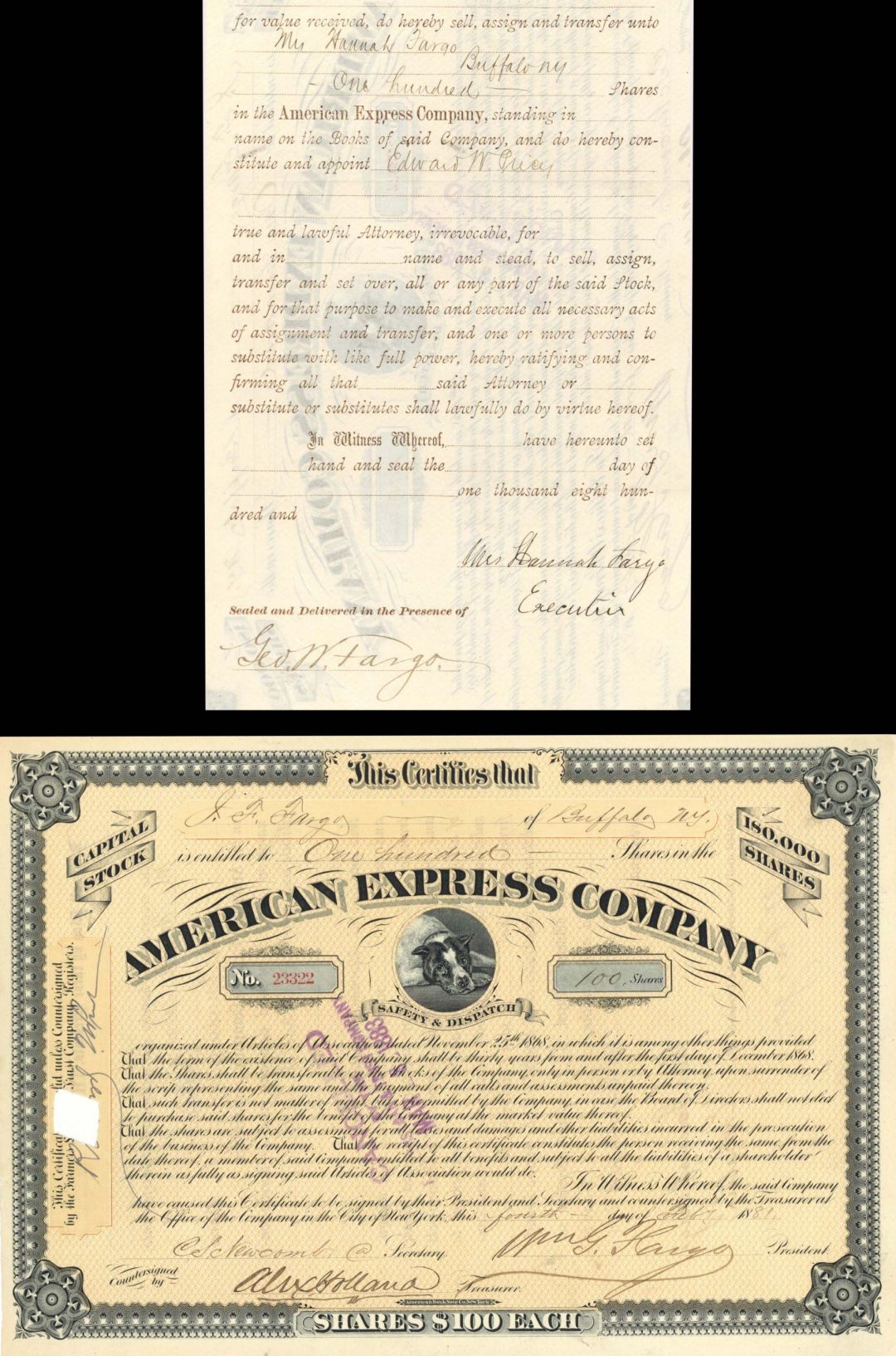 American Express Co. signed by William G. Fargo, Hanna Fargo and Geo. W. Fargo - 1881 dated Autographed Stock Certificate