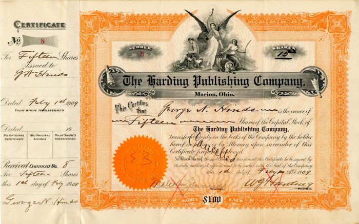 Harding Publishing Co. signed by W.G. Harding - Stock Certificate