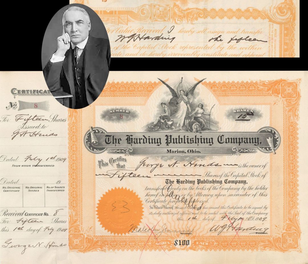 Harding Publishing Co. signed by W.G. Harding - 1909 dated Autographed Stock Certificate