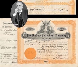 Harding Publishing Co. signed by W.G. Harding - 1909 dated Autographed Stock Certificate