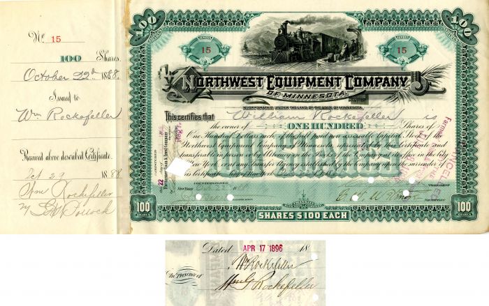 Northwest Equipment Co. of Minnesota signed by William Rockefeller and Colgate Hoyt - Stock Certificate