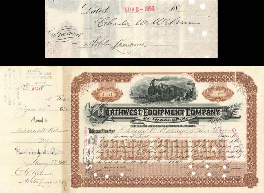 Northwest Equipment Co. of Minnesota issued to and signed by Charles W. Wetmore and Colgate Hoyt - 1892 dated Autographed Stock Certificate
