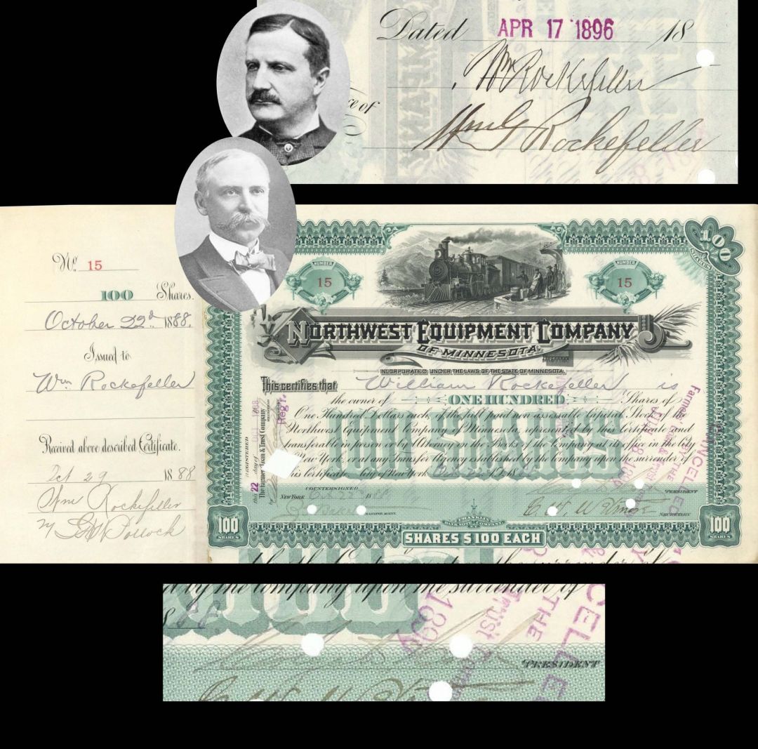 Northwest Equipment Co. of Minnesota issued to and signed by William and Wm. G. Rockefeller and Colgate Hoyt - 1888 or 1889 and 1896 dated Autographed Stock Certificate