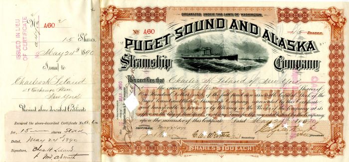 Puget Sound and Alaska Steamship Co. signed by Charles H. Leland and Colgate Hoyt - Stock Certificate