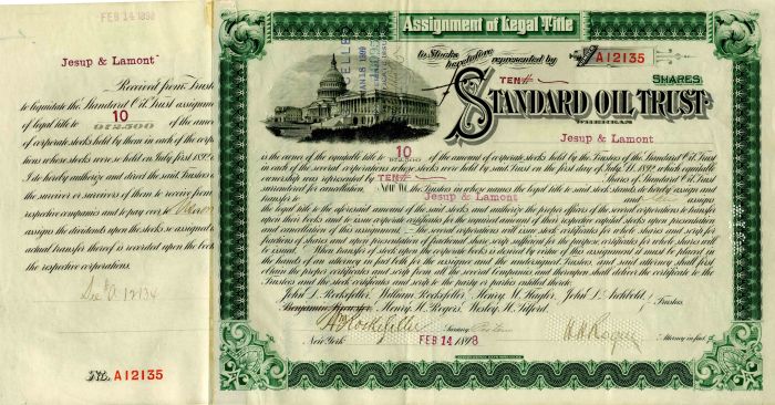 Standard Oil Trust signed by Wm. Rockefeller and H.H. Rogers - Stock Certificate