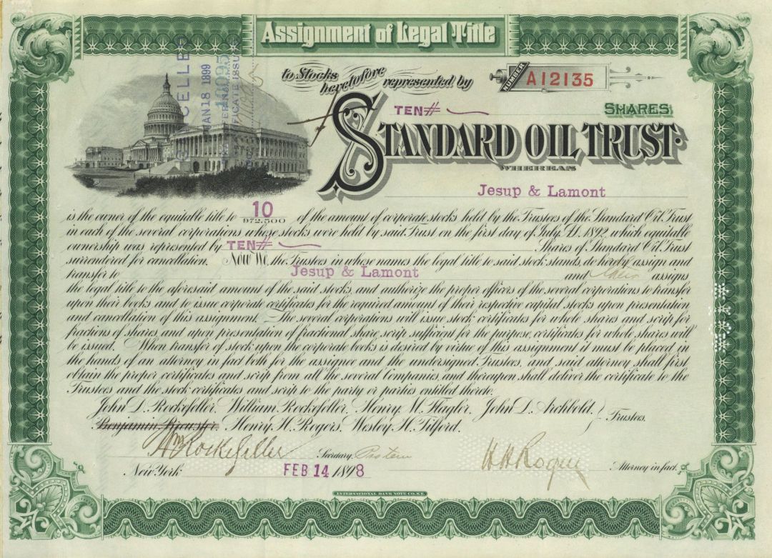 Standard Oil Trust signed by William Rockefeller & Henry H. Rogers - Autograph Stock Certificate