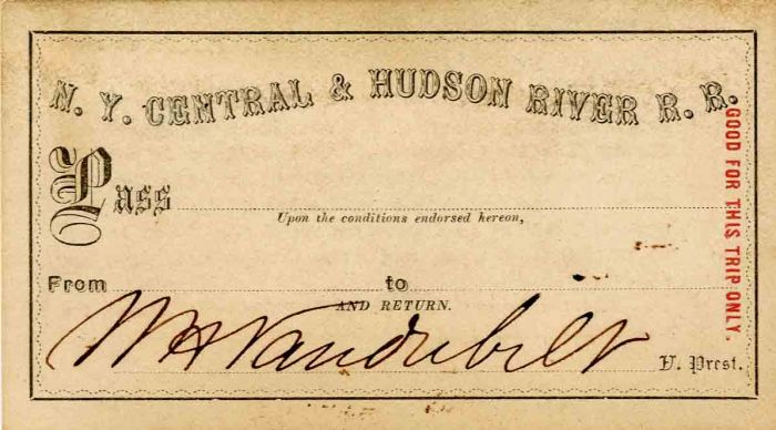 N.Y. Central and Hudson River R.R. Pass signed by William H. Vanderbilt