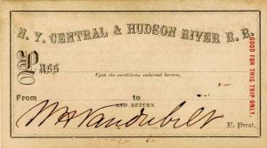 N.Y. Central and Hudson River R.R. Pass signed by Wm. H. Vanderbilt