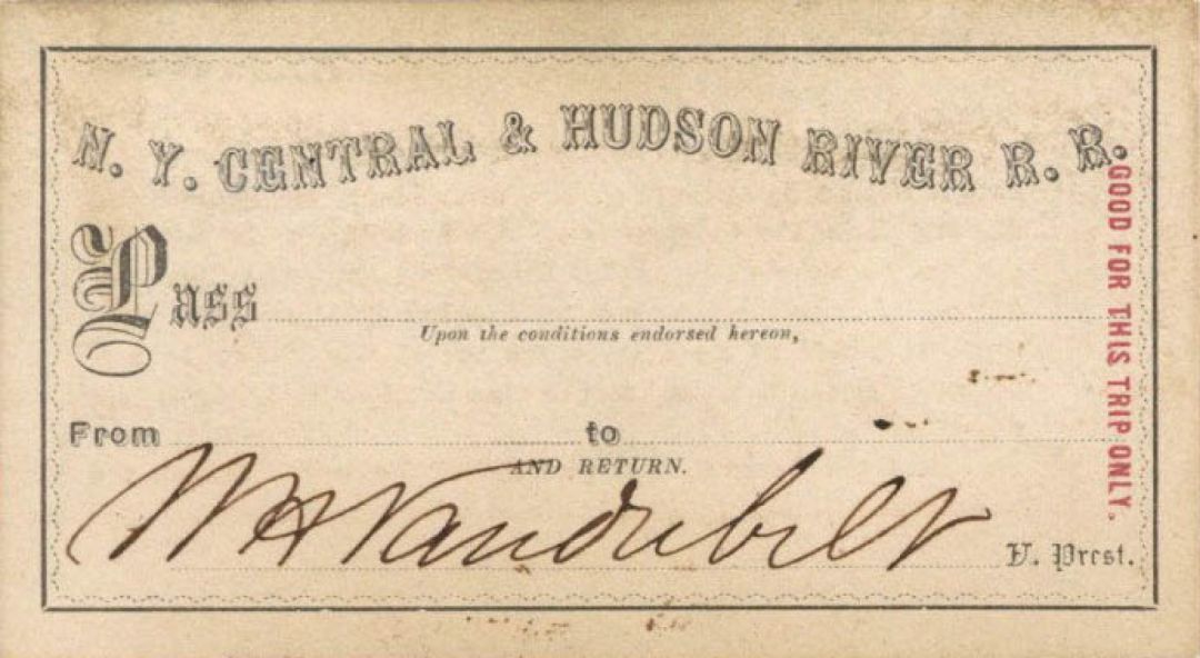 N.Y. Central and Hudson River R.R. Pass signed by William H. Vanderbilt - Autographs