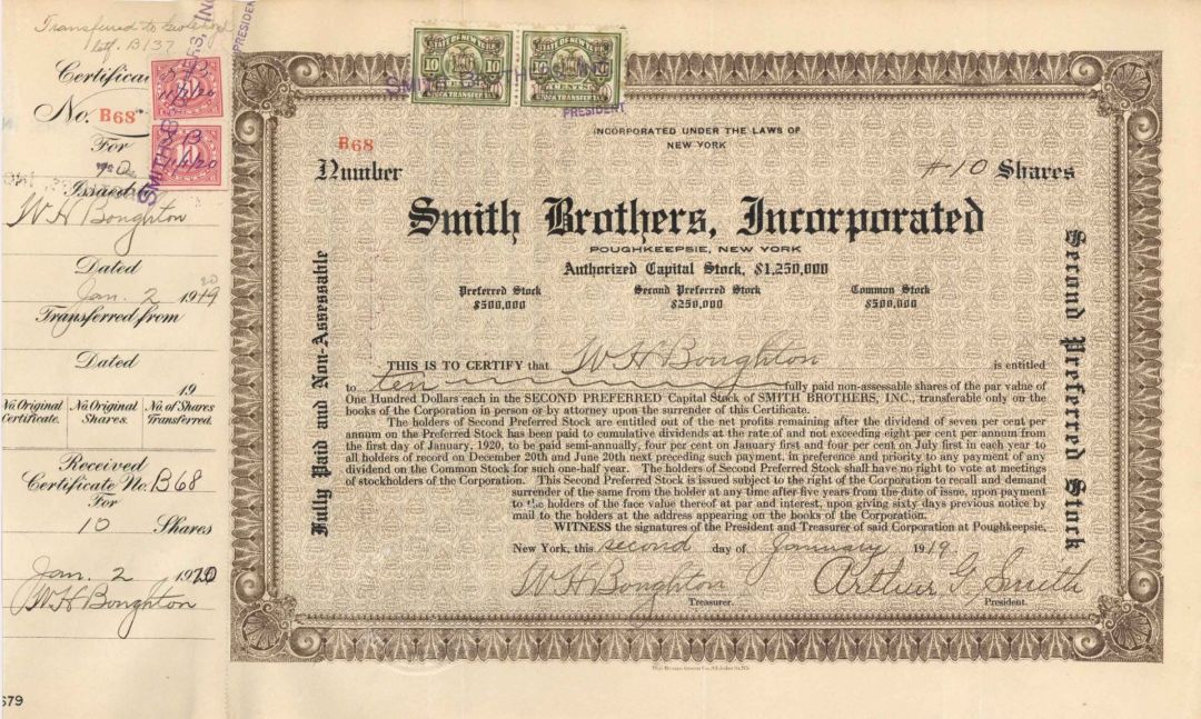 Smith Brothers, Inc. signed by Arthur G. Smith - 1919 or 1920 dated Autograph Stock Certificate