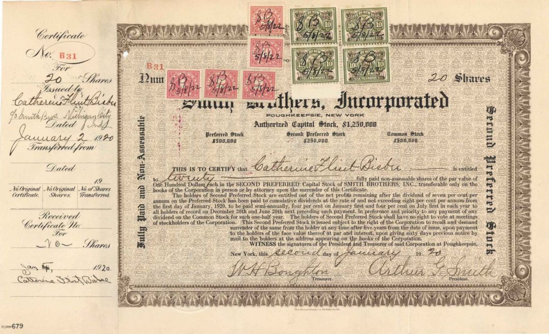 Smith Brothers, Inc. signed by Arthur G. Smith - 1920 dated Autograph Stock Certificate
