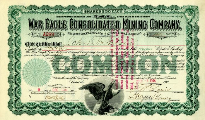War Eagle Consolidated Mining Co. Issued to John B. Stetson - Stock Certificate