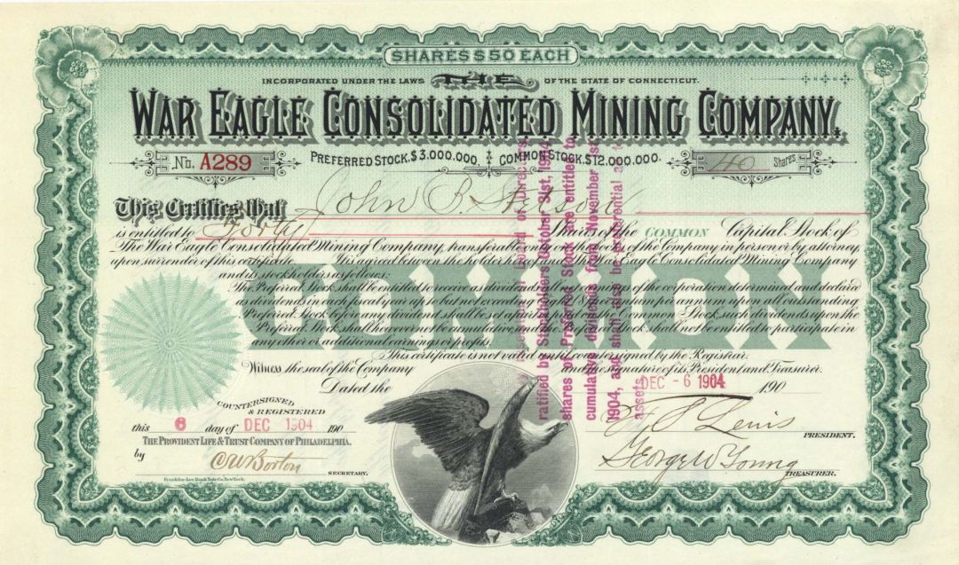 War Eagle Consolidated Mining Co. Issued to John B. Stetson - 1904 dated Stock Certificate - Not Signed