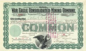 War Eagle Consolidated Mining Co. Issued to John B. Stetson - 1904 dated Stock Certificate - Not Signed