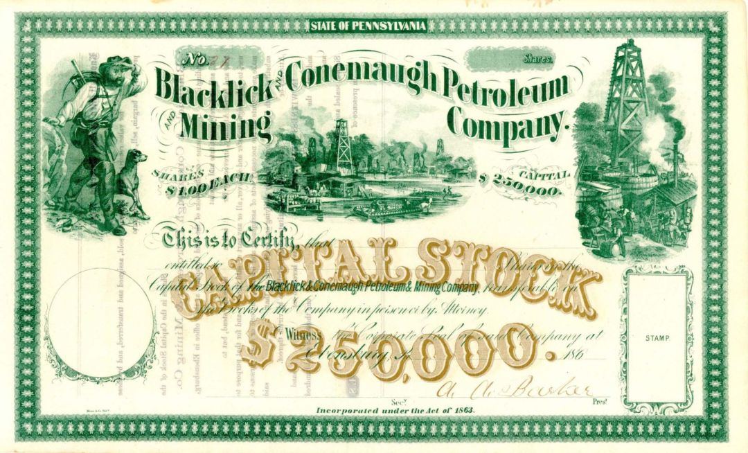 Blacklick and Conemaugh Petroleum and Mining Co. signed by the President - Unissued Stock Certificate