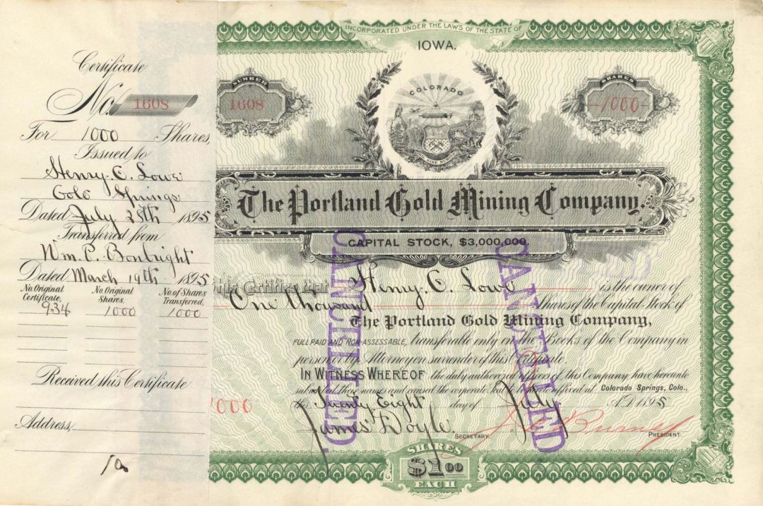 Portland Gold Mining Co. signed by James Doyle - 1895 dated Autographed Stock Certificate