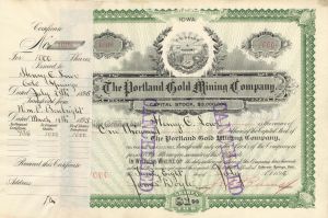 Portland Gold Mining Co. signed by James Doyle - 1895 dated Autographed Stock Certificate