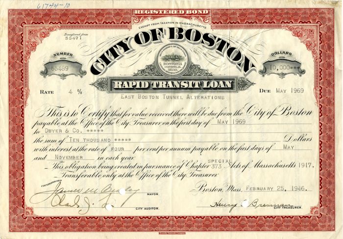 City of Boston Bond signed by James M. Curley - Bond