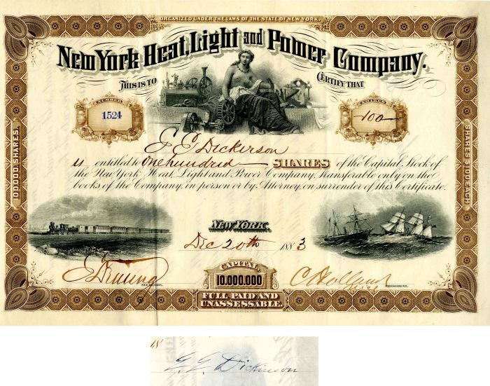 New York Heat, Light and Power Co. - Gorgeous Utility Stock Certificate
