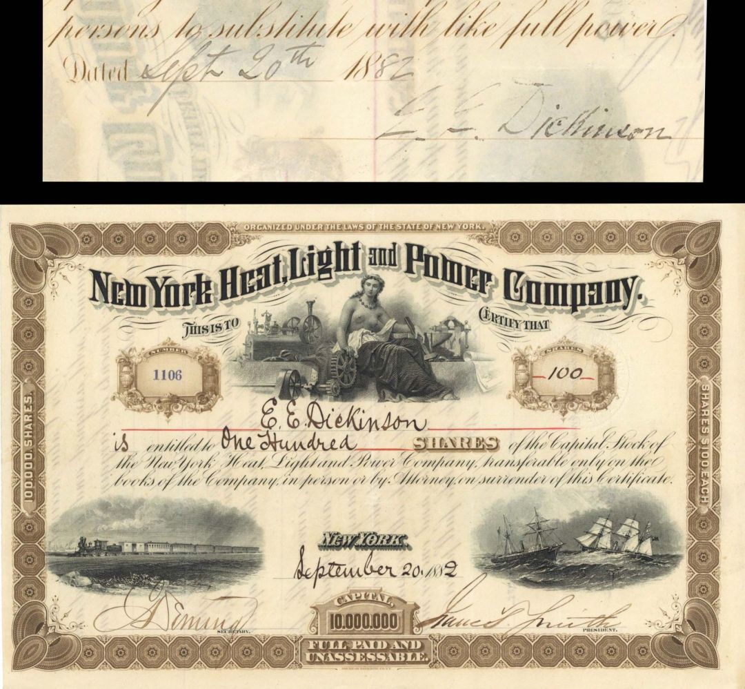 New York Heat, Light and Power Co, - Gorgeous 1882 dated Autographed Utility Stock Certificate