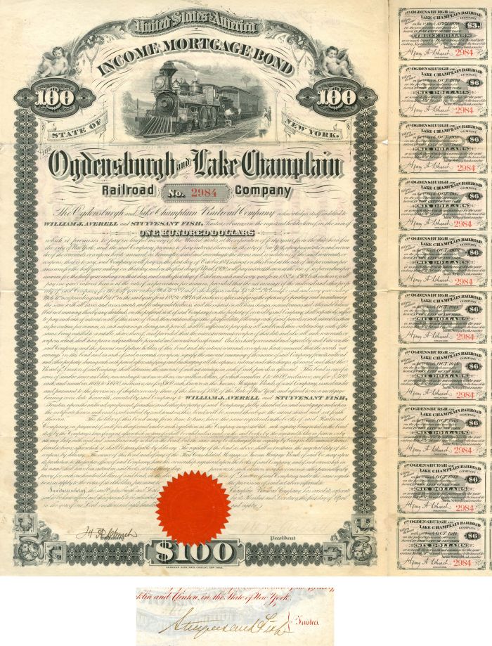 Ogdensburgh and Lake Champlain Railroad Co. signed by Stuyvesant Fish - 1880 dated Autograph Railway Bond