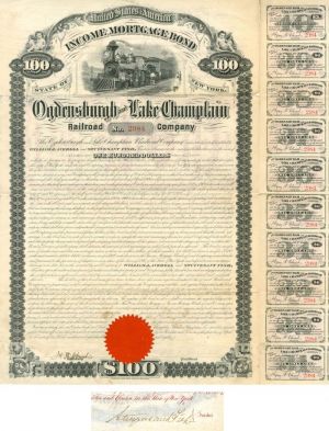 Ogdensburgh and Lake Champlain Railroad Co. signed by Stuyvesant Fish - Bond