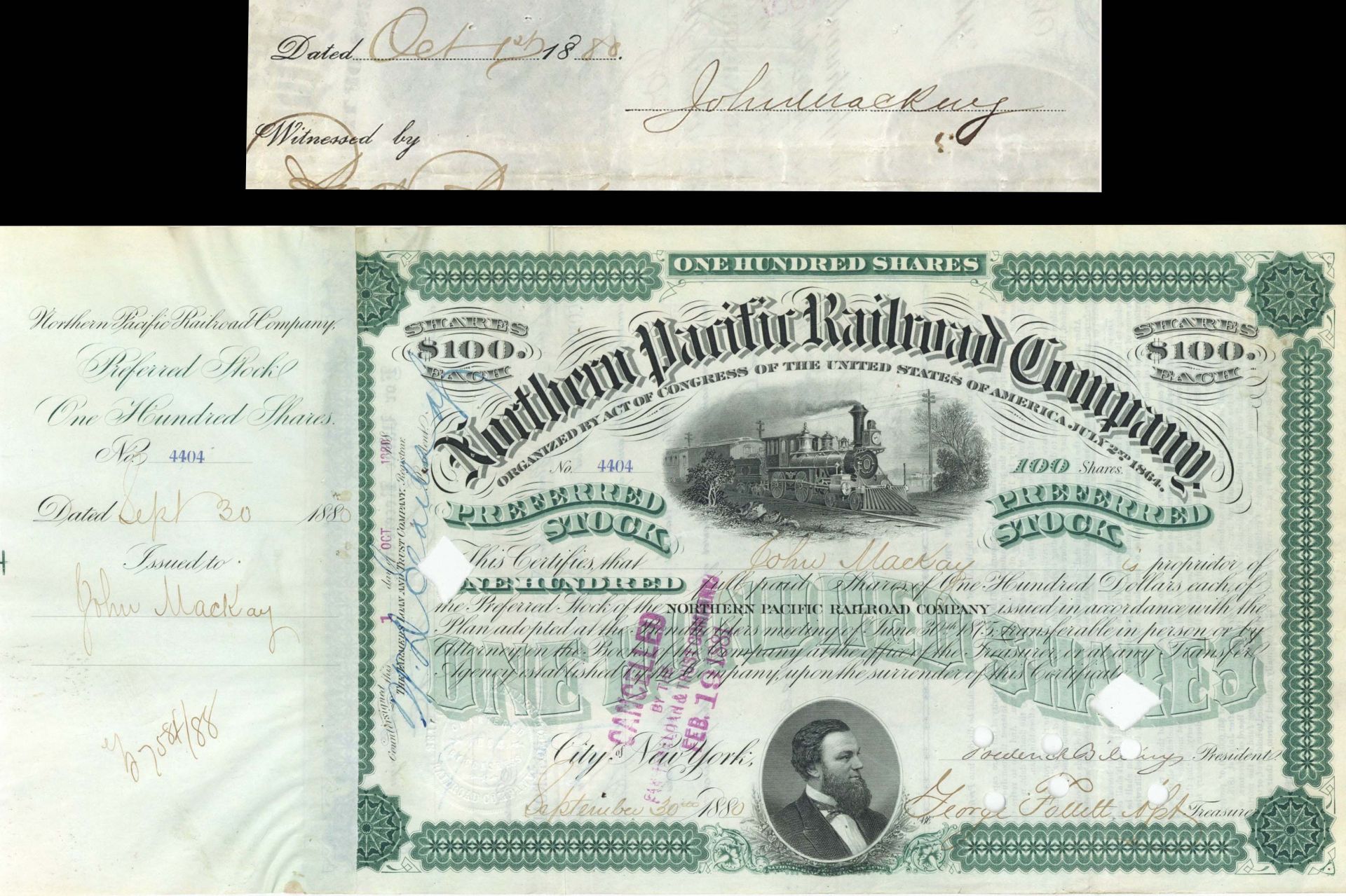 Northern Pacific Railroad Co. signed by John MacKay - Autograph Stock Certificate