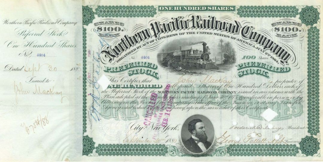 Northern Pacific Railroad Co. signed by Frederick Billings - Billings, Montana - 1880 dated Autograph Stock Certificate