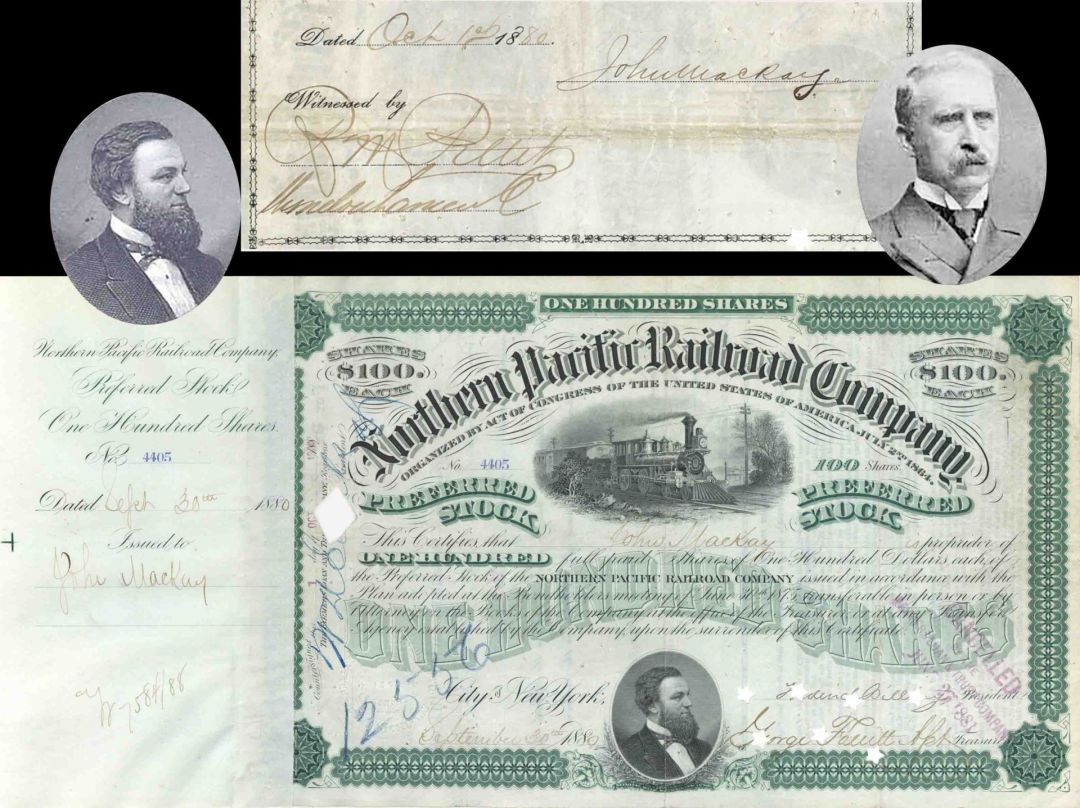 Northern Pacific Railroad Co. issued to and signed by John MacKay and signed by Frederick Billings - Billings, Montana - 1880 dated Autograph Stock Certificate