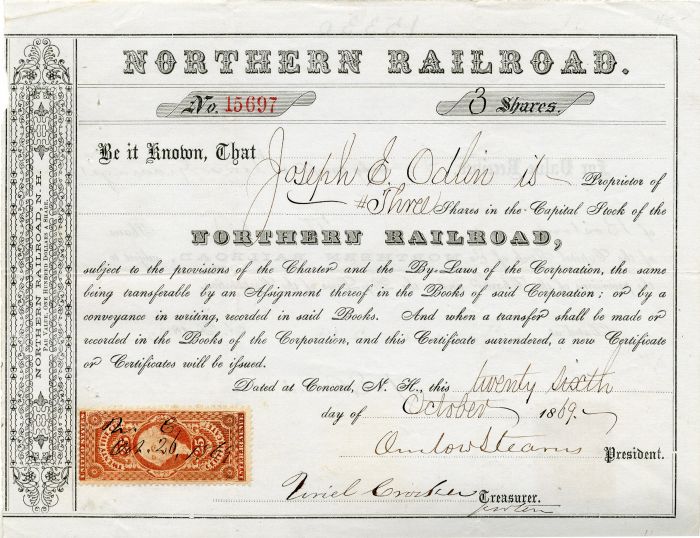 Northern Railroad signed by Onslow Stearns - Stock Certificate