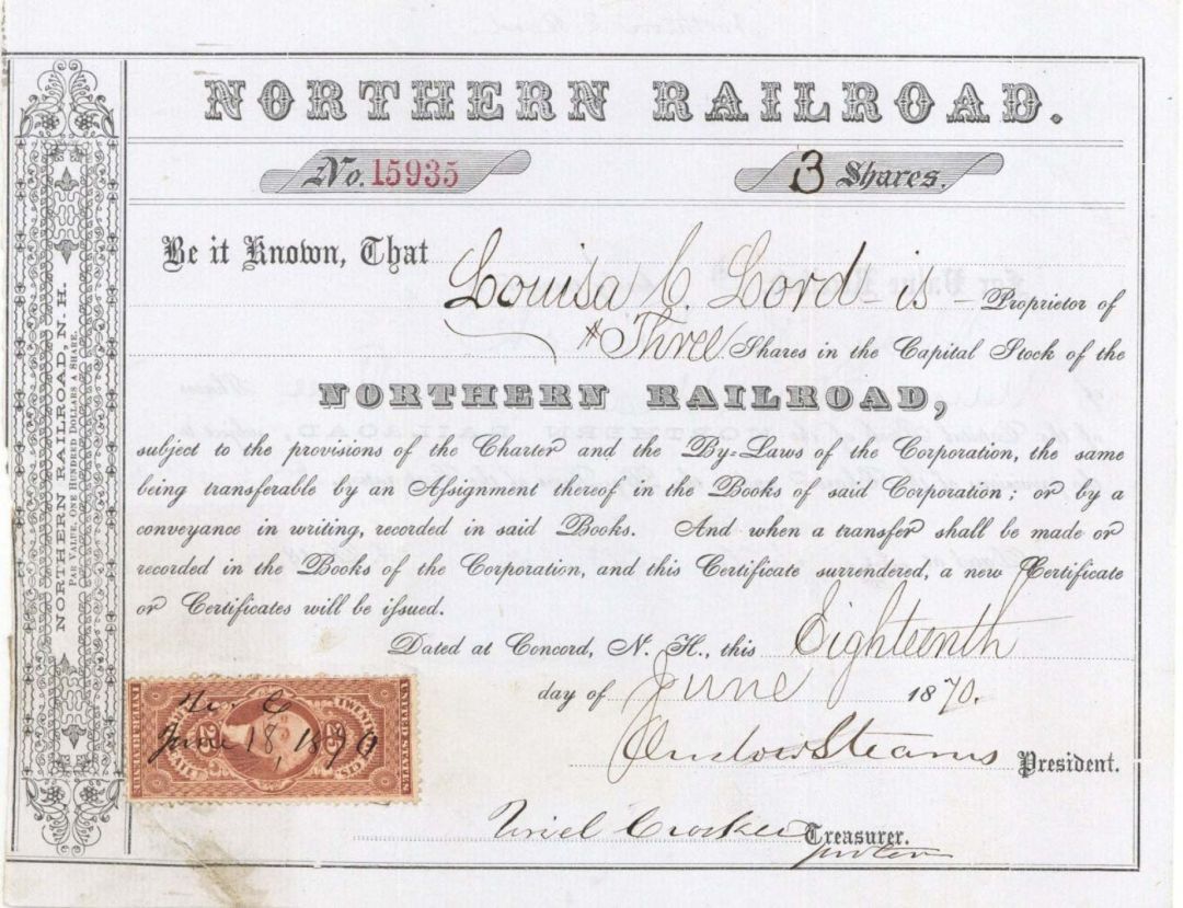 Northern Railroad signed by Onslow Stearns - 1860's-70's dated Autographed Stock Certificate