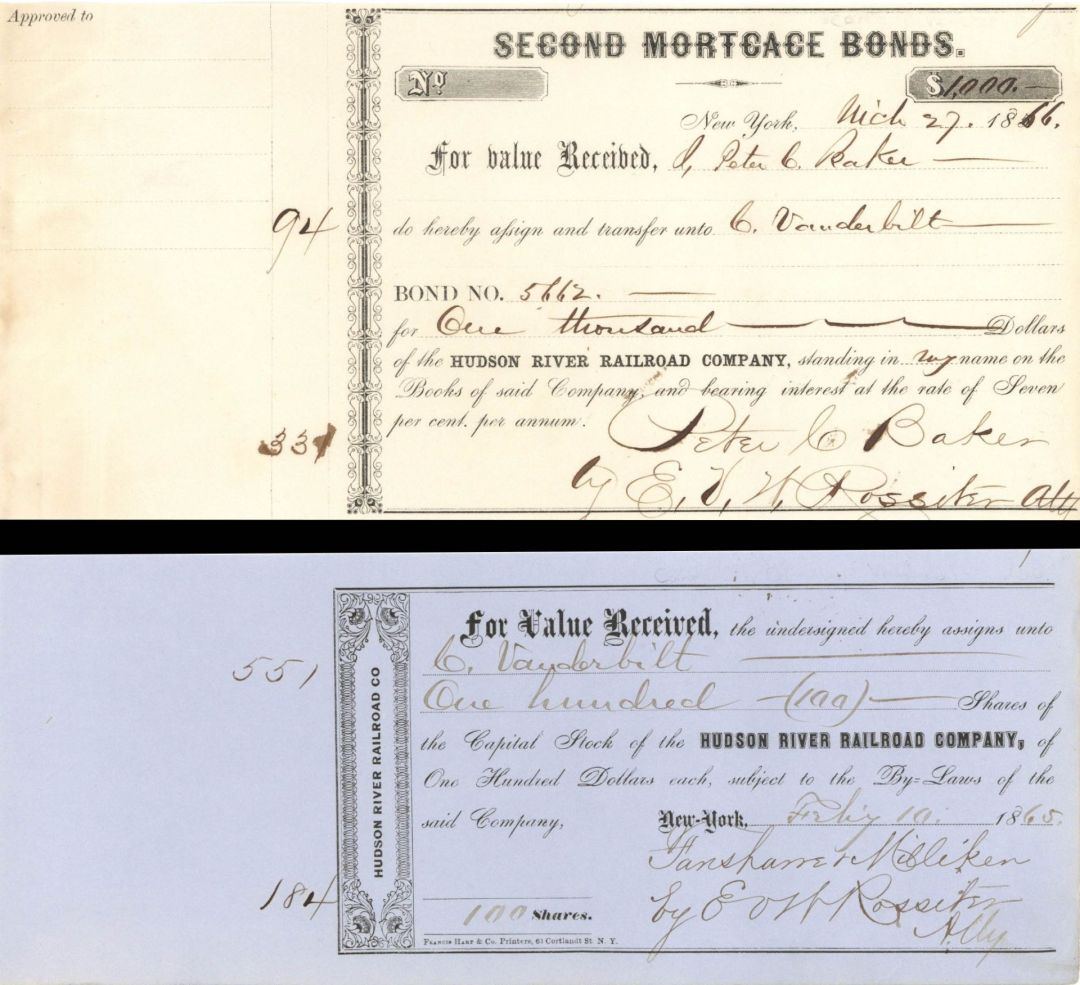 Pair of Hudson River Railroad Co. issued to Commodore C. Vanderbilt Sr. - 1865 and 1866 dated Stock Certificate