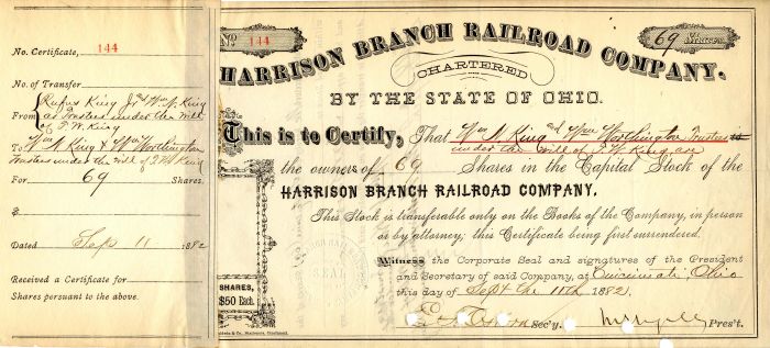 Harrison Branch Railroad Co. Issued to trustees of Rufus King