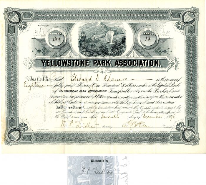 Yellowstone Park Association signed by Secretary Ludlow front and back