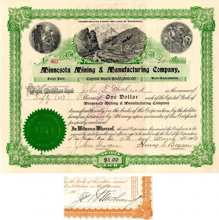 Minnesota Mining and Manufacturing Co. signed by John. T. Michaud